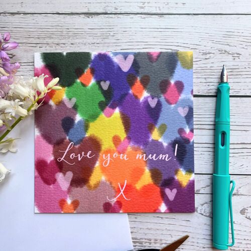 Love you mum watercolour hearts Mother’s Day card