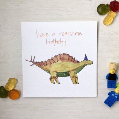 Tarjeta de cumpleaños, juego de palabras de dinosaurio Stegosaurus "tener un cumpleaños rugiente"