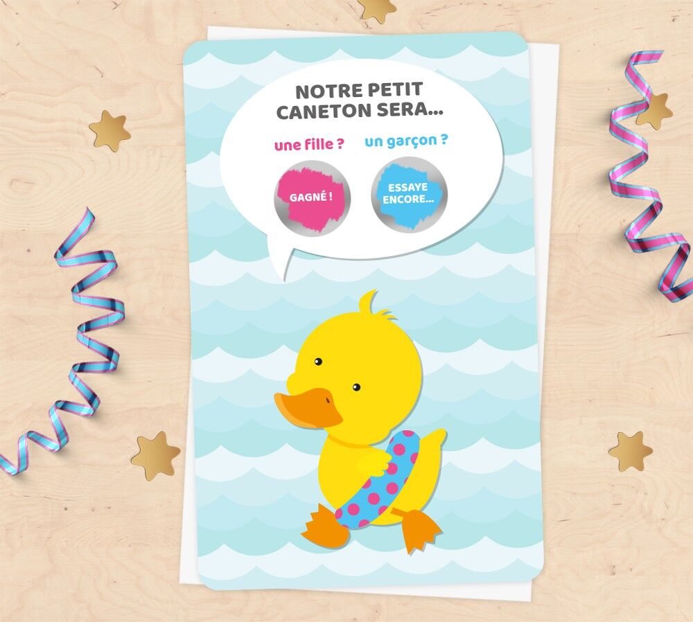Mini scratch card announcing baby's gender - duck in buoy
