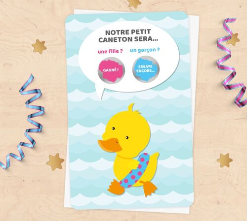 Mini carte à gratter annonce sexe du bébé - canard en bouée