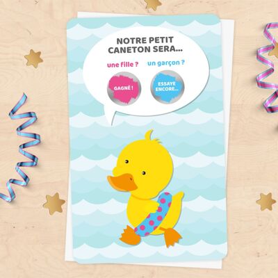 Mini scratch card announcing baby's gender - duck in buoy