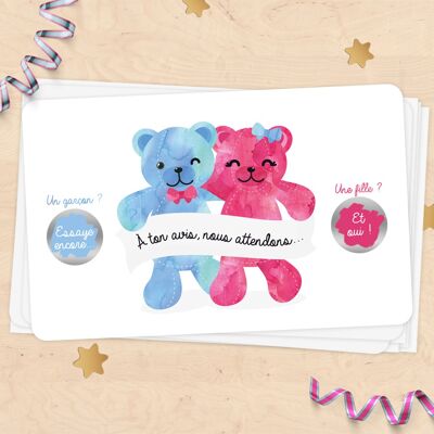 Mini scratch card to announce the baby's gender - teddy bear