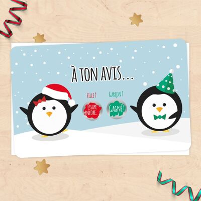 Baby Gender Announcement Mini Scratch Card - Christmas Penguins