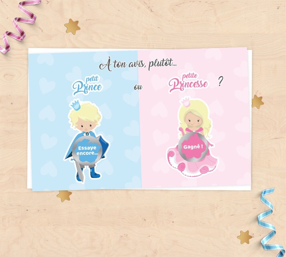 Baby gender announcement scratch card - Prince or Princess