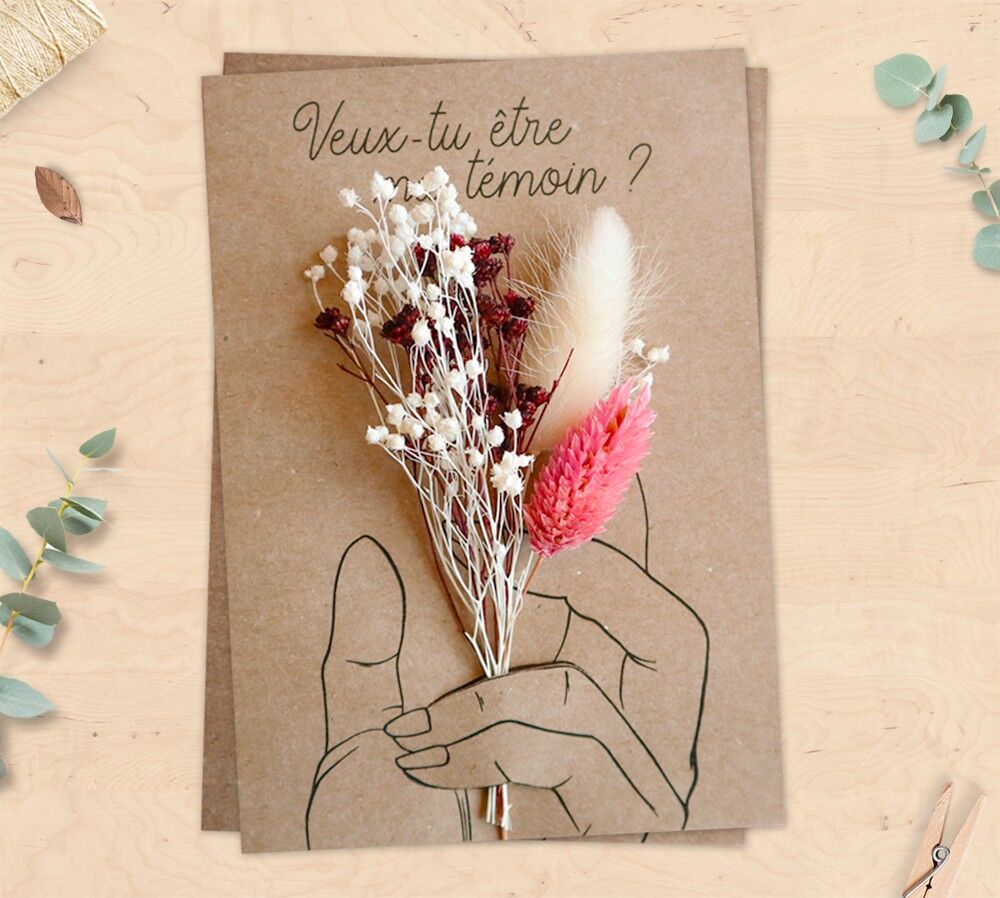Scheda con fiori secchi per richiesta testimone, proposta di matrimonio