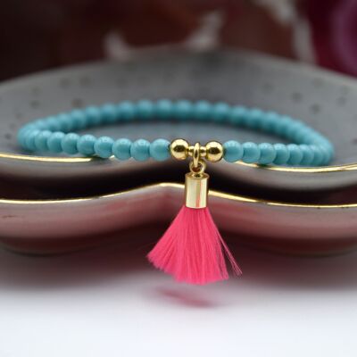 Neon Mini Tassel Bead Bracelet - Neon Pink (gold cap) - Turquoise