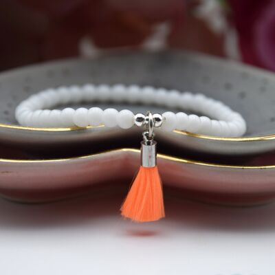 Neon Mini Tassel Bead Bracelet - Neon Orange (silver cap) - Opaque White