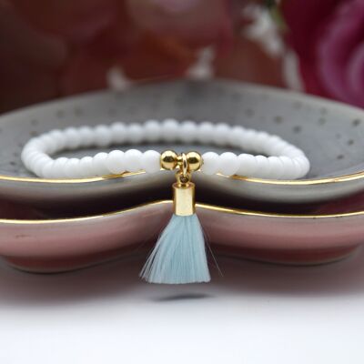 Neon Mini Tassel Bead Bracelet - Aquamarine (gold cap) - Opaque White