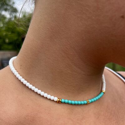 Neon Mint, White and Gold Choker Necklace