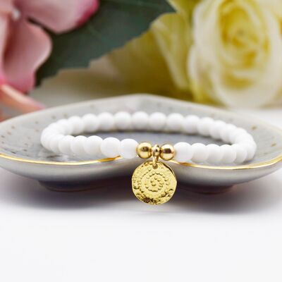 Gold Swirl Disc and White 6mm Bead Bracelet