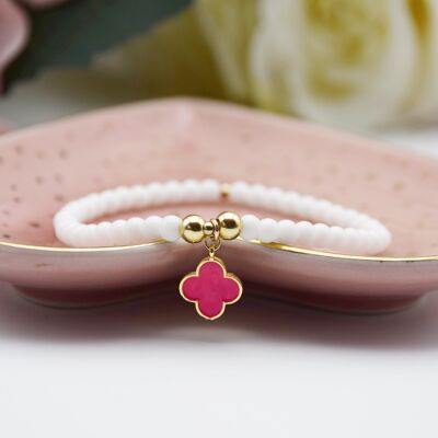 Neon Pink/Gold Clover Charm and White 4mm Bead Bracelet