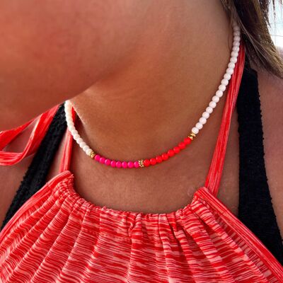 Neon Red/Pink, White and Gold Choker Necklace