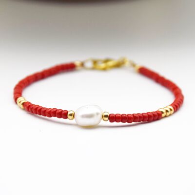 Colourful Seed Bead & Freshwater Pearl Bracelet - Red