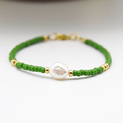 Colourful Seed Bead & Freshwater Pearl Bracelet - Pea Green