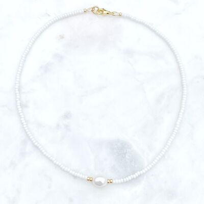 Colourful Freshwater Pearl Beaded 16€ Choker Necklace - White
