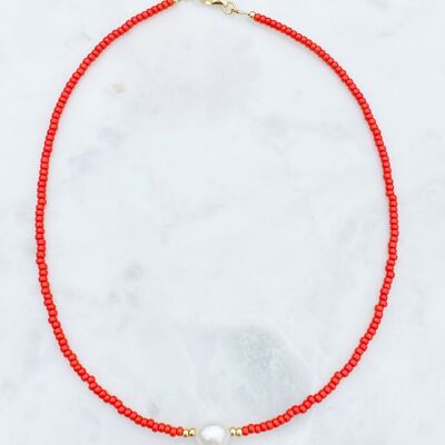 Colourful Freshwater Pearl Beaded 16€ Choker Necklace - Red