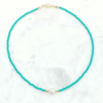 Colourful Freshwater Pearl Beaded 16€ Choker Necklace - Turquoise Green