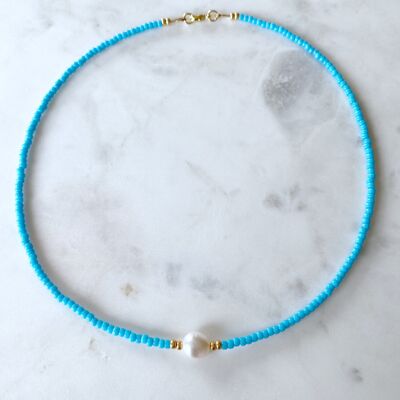 Colourful Freshwater Pearl Beaded 16€ Choker Necklace - Turquoise Blue