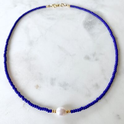 Colourful Freshwater Pearl Beaded 16€ Choker Necklace - Cobalt Blue