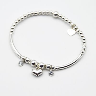 Sterling Silver Puff Heart and CZ gems bead bracelet