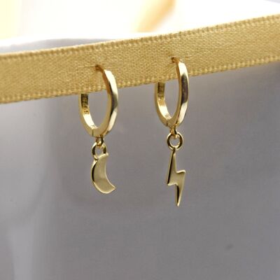 Gold Vermeil Bolt & Moon Huggies Earrings