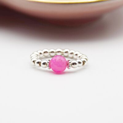 Sterling Silver & 6mm Bright Pink Agate Beaded Ring