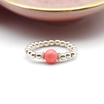 Sterling Silver & 6mm Pink Coral Beaded Ring