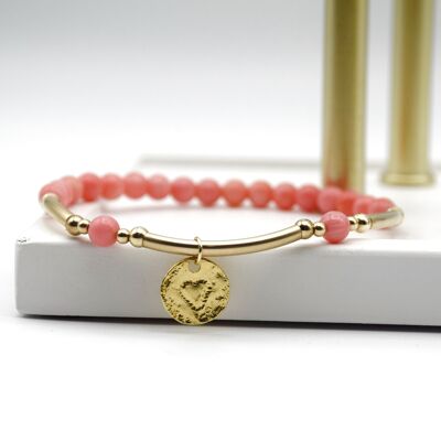Pink Coral & 14K Gold Filled Beaded Bracelet with disc charm - With charm