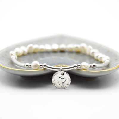 Freshwater Pearls & Sterling Silver Beaded Bracelet with disc charm - With charm