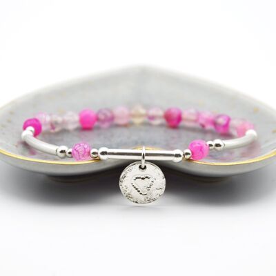 Pink Agate & Sterling Silver Beaded Bracelet with disc charm - With charm