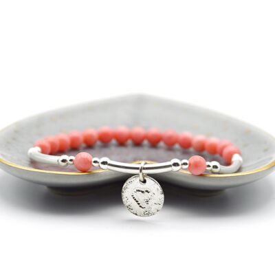 Pink Coral & Sterling Silver Beaded Bracelet with disc charm - With charm