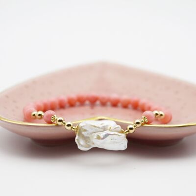 Pink Coral & Large Baroque Freshwater Pearl 14k Gold Filled Beaded Bracelet
