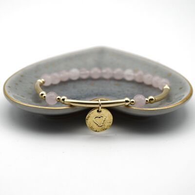 Rose Quartz & 14k Gold Filled Beaded Bracelet with disc charm - With charm