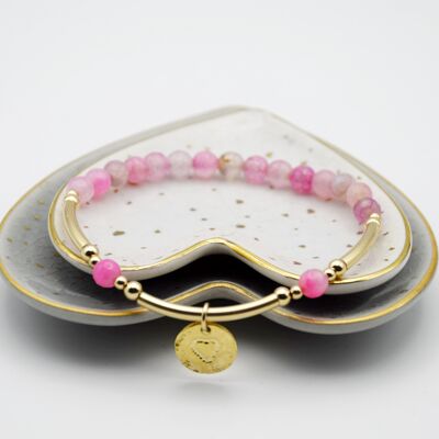 Pink Agate & 14k Gold Filled Beaded Bracelet with disc charm - With charm