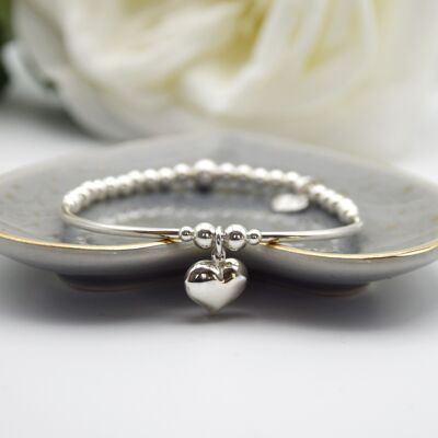 Sterling Silver Midi Puff Heart Bead and Tube Bracelet