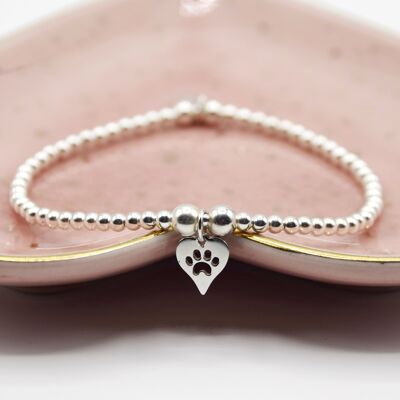 Sterling Silver Dog/Cat Paw Print Heart charm bead bracelet