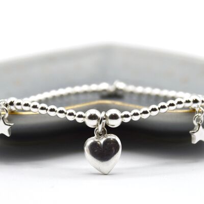 Sterling Silver Heart and Stars bead bracelet