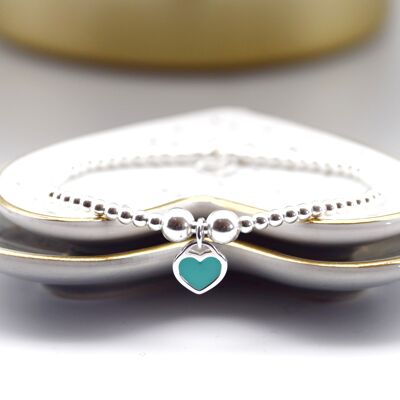 Sterling Silver Bead bracelet with blue enamel heart
