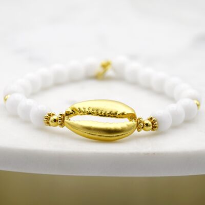 Large Cowrie Shell on white bead bracelet