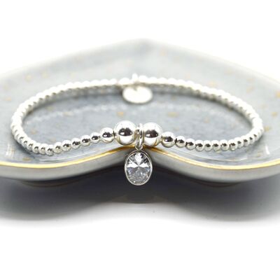 Sterling Silver bead bracelet with large oval CZ charm