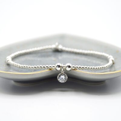 Sterling Silver bead bracelet with a midi round CZ gem charm