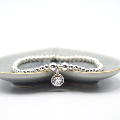 Sterling Silver bead bracelet with large decorative CZ drop charm