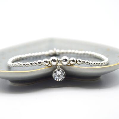 Sterling Silver bead bracelet with large round CZ gem charm