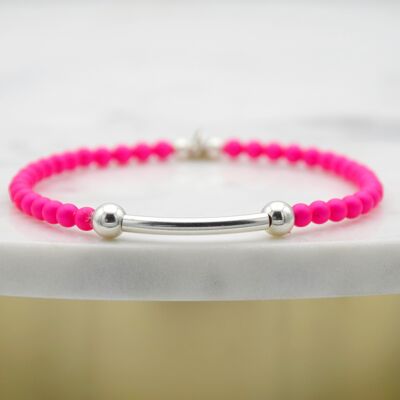Neon Pink and Sterling Silver Beads and Tube Bracelet