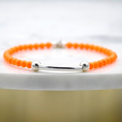 Neon Orange and Sterling Silver Beads and Tube Bracelet