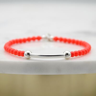 Neon Red and Sterling Silver Beads and Tube Bracelet