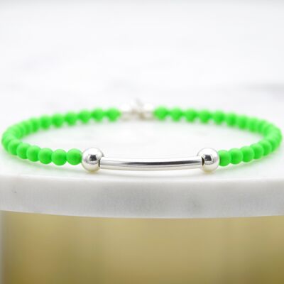 Neon Green and Sterling Silver Beads and Tube Bracelet