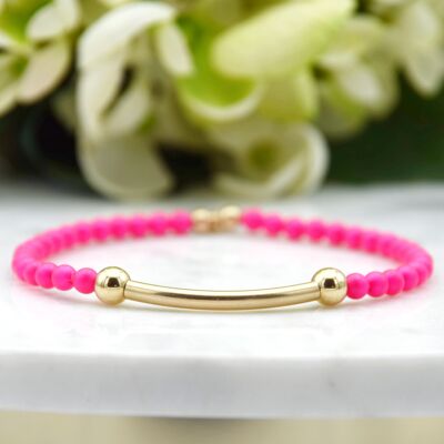 Neon Pink and 14k Gold Filled Bead and Tube Bracelet