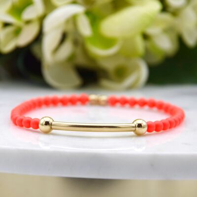 Neon Red and 14k Gold Filled Bead and Tube Bracelet