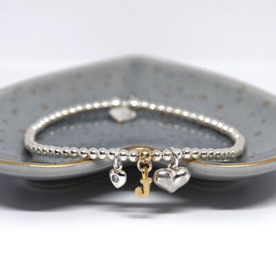 Sterling Silver and Hearts Bracelet with Gold Plated Mini Initial